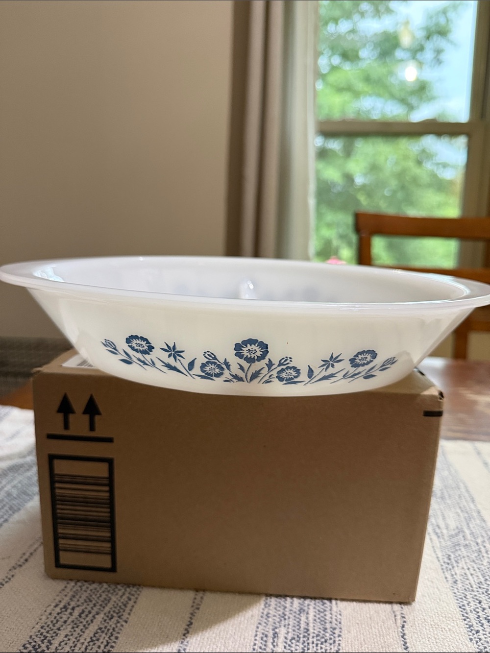 White Milk Glass Serving Bowl with Blue Floral Pattern